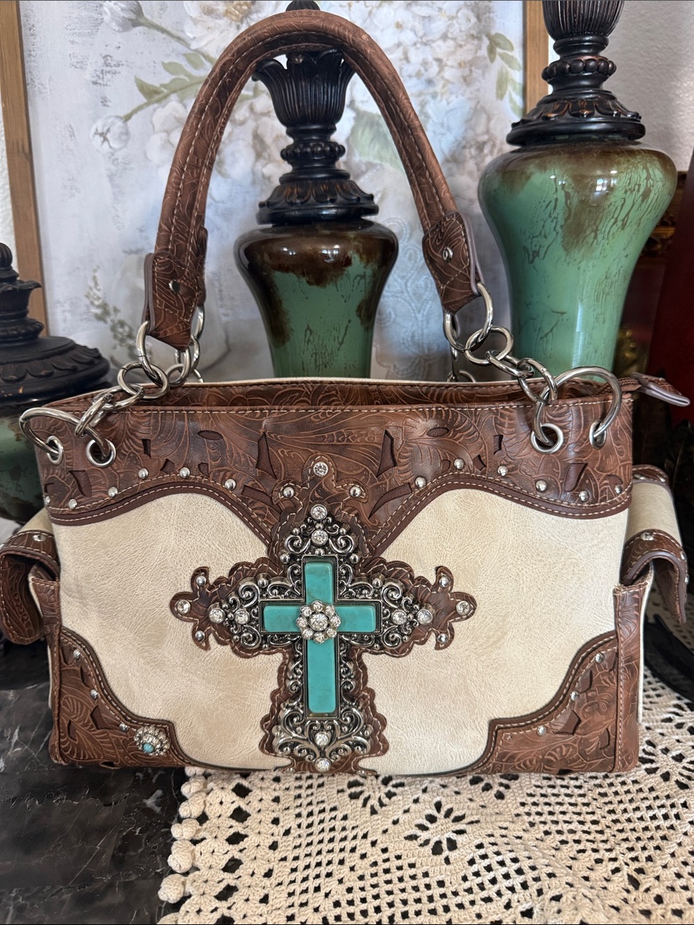 Source Unknown Cream and Brown Satchel with Turquoise Cross Accent